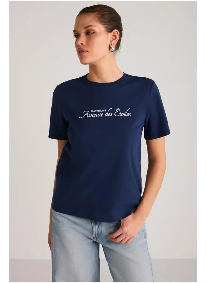 GRIMELANGE Grimelange Alma Women's Regular Printed Navy Blue T-Shirt