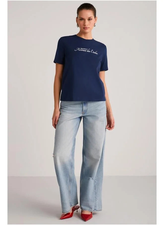 GRIMELANGE Grimelange Alma Women's Regular Printed Navy Blue T-Shirt