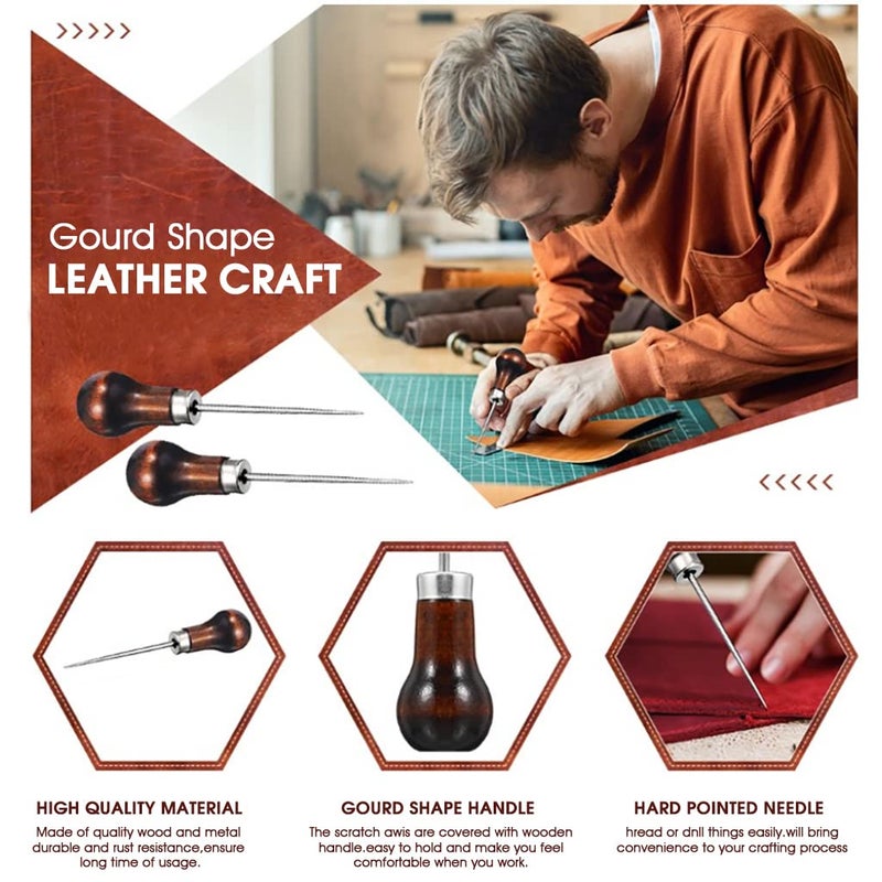 SUPVOX Supvox 4 Pcs Copper Handle Stitcher Needles Sewing Awl Tool Gourd Shape Leather Craft Cloth Wooden Handle Scratch Awl Tool Pin Punching for Canvas Leather Pouch Hole DIY Shoes Repair - Image 4