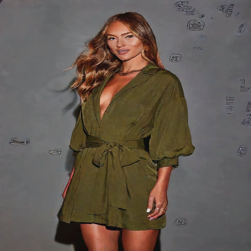 Women's Single-Breasted Tie-Waist Short Shirt Dress with Pockets - Image 2