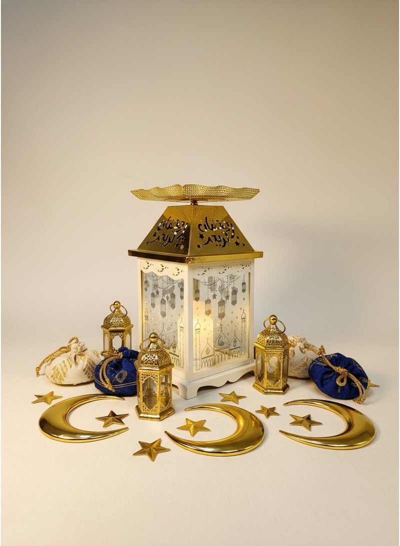 Living Ramadan Lantern Glass with Gold Steel Touch Islamic Decoration and Serving Plate, White/Gold - Image 1