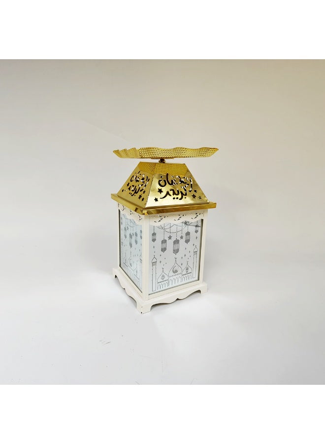 Living Ramadan Lantern Glass with Gold Steel Touch Islamic Decoration and Serving Plate, White/Gold - Image 4