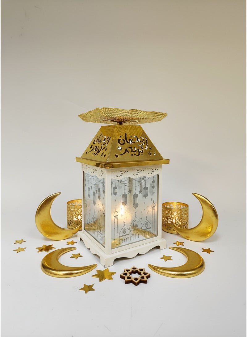 Living Ramadan Lantern Glass with Gold Steel Touch Islamic Decoration and Serving Plate, White/Gold - Image 3