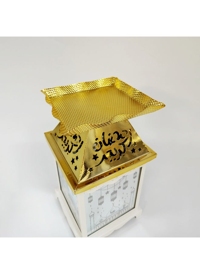 Living Ramadan Lantern Glass with Gold Steel Touch Islamic Decoration and Serving Plate, White/Gold - Image 5