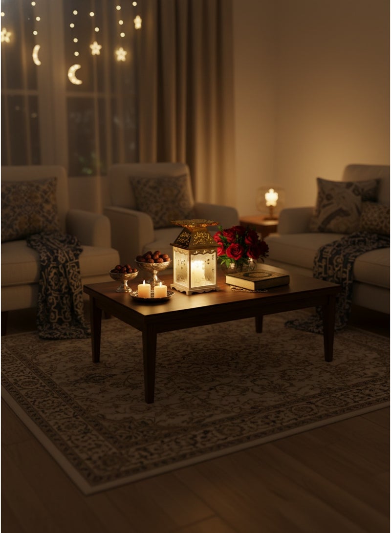 Living Ramadan Lantern Glass with Gold Steel Touch Islamic Decoration and Serving Plate, White/Gold - Image 2