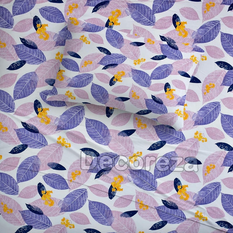 DECOREZA Cotton Feel Glace Cotton Elastic Fitted Printed King Size Double Bed Bedsheet with 2 Pillow Covers and Fits Upto 8 inches Mattress, Size- 72"x78" (Purple Leafe) - Image 5