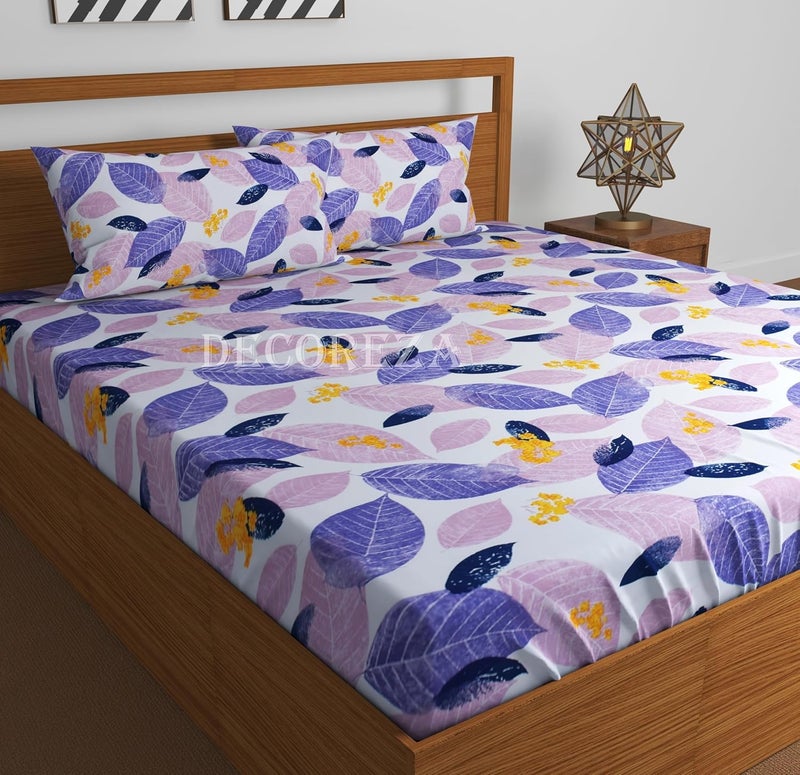 DECOREZA Cotton Feel Glace Cotton Elastic Fitted Printed King Size Double Bed Bedsheet with 2 Pillow Covers and Fits Upto 8 inches Mattress, Size- 72"x78" (Purple Leafe) - Image 1