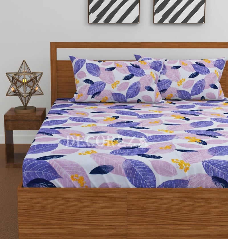 DECOREZA Cotton Feel Glace Cotton Elastic Fitted Printed King Size Double Bed Bedsheet with 2 Pillow Covers and Fits Upto 8 inches Mattress, Size- 72"x78" (Purple Leafe) - Image 2