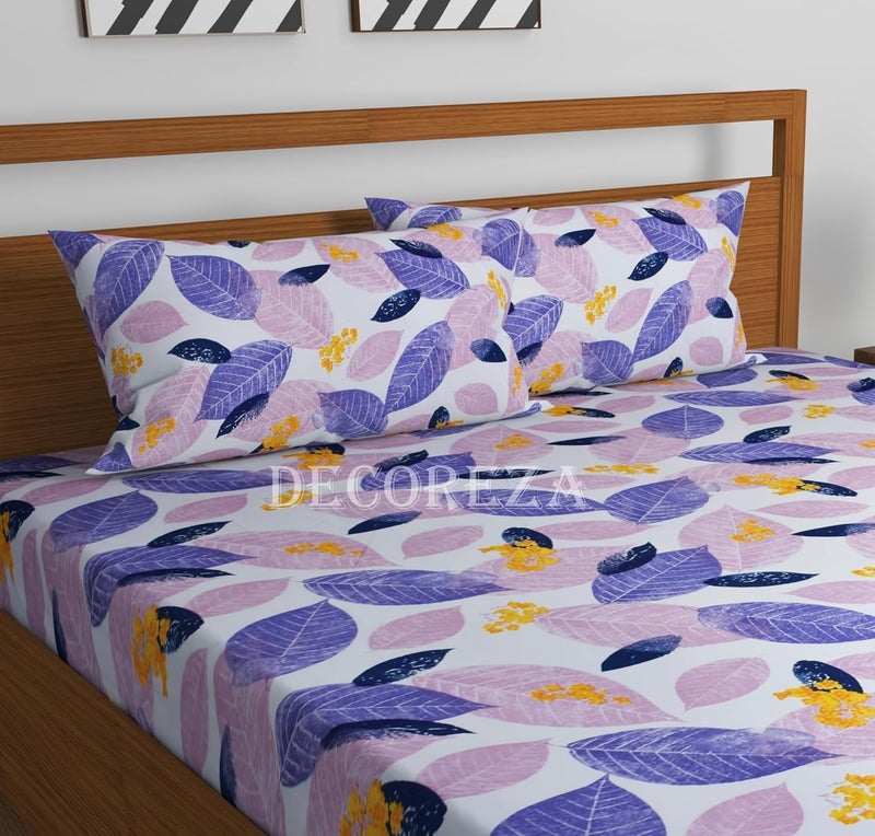 DECOREZA Cotton Feel Glace Cotton Elastic Fitted Printed King Size Double Bed Bedsheet with 2 Pillow Covers and Fits Upto 8 inches Mattress, Size- 72"x78" (Purple Leafe) - Image 3