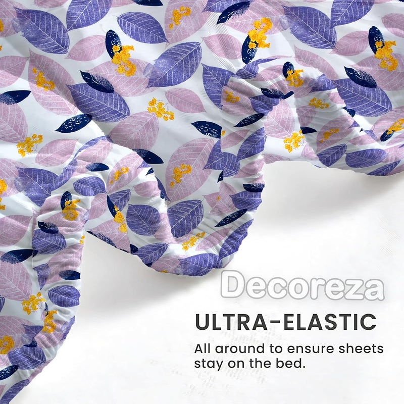 DECOREZA Cotton Feel Glace Cotton Elastic Fitted Printed King Size Double Bed Bedsheet with 2 Pillow Covers and Fits Upto 8 inches Mattress, Size- 72"x78" (Purple Leafe) - Image 4