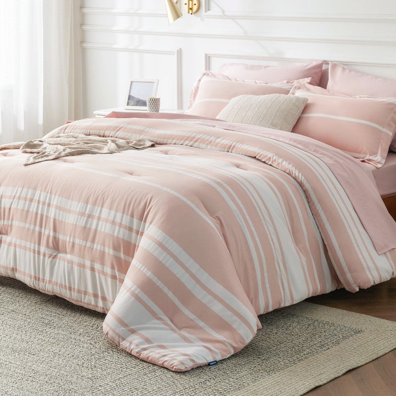 Bedsure Queen Size Comforter Set 7 Pieces Bed in a Bag, Cationic Dyeing, Reversible, Bedding Set for All Seasons with 1 Comforter (230 cm x 230 cm), 1 Fitted Sheet (150 cm x 203 cm) with 35 cm Deep Pocket,  1 Flat Sheet (229 cm x 260 cm) , 2 Pillowcases (50 cm x 90 cm) & 2 Pillow Shams (50 cm x 66 cm), Light Pink Striped - Image 3