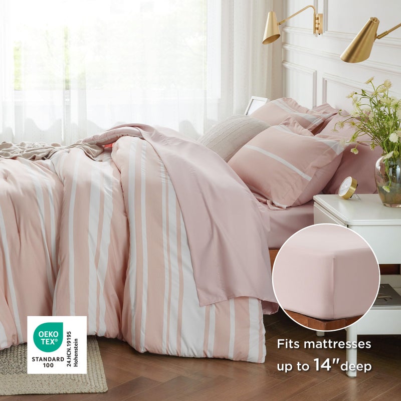 Bedsure Queen Size Comforter Set 7 Pieces Bed in a Bag, Cationic Dyeing, Reversible, Bedding Set for All Seasons with 1 Comforter (230 cm x 230 cm), 1 Fitted Sheet (150 cm x 203 cm) with 35 cm Deep Pocket,  1 Flat Sheet (229 cm x 260 cm) , 2 Pillowcases (50 cm x 90 cm) & 2 Pillow Shams (50 cm x 66 cm), Light Pink Striped - Image 5