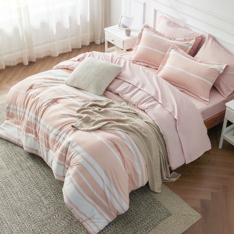 Bedsure Queen Size Comforter Set 7 Pieces Bed in a Bag, Cationic Dyeing, Reversible, Bedding Set for All Seasons with 1 Comforter (230 cm x 230 cm), 1 Fitted Sheet (150 cm x 203 cm) with 35 cm Deep Pocket,  1 Flat Sheet (229 cm x 260 cm) , 2 Pillowcases (50 cm x 90 cm) & 2 Pillow Shams (50 cm x 66 cm), Light Pink Striped - Image 1