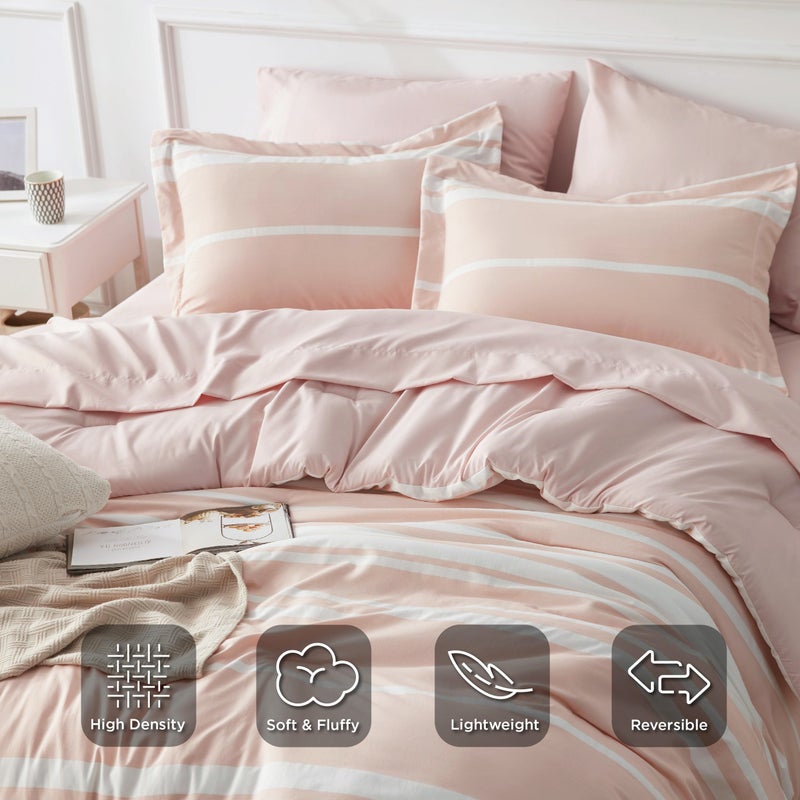 Bedsure Queen Size Comforter Set 7 Pieces Bed in a Bag, Cationic Dyeing, Reversible, Bedding Set for All Seasons with 1 Comforter (230 cm x 230 cm), 1 Fitted Sheet (150 cm x 203 cm) with 35 cm Deep Pocket,  1 Flat Sheet (229 cm x 260 cm) , 2 Pillowcases (50 cm x 90 cm) & 2 Pillow Shams (50 cm x 66 cm), Light Pink Striped - Image 4