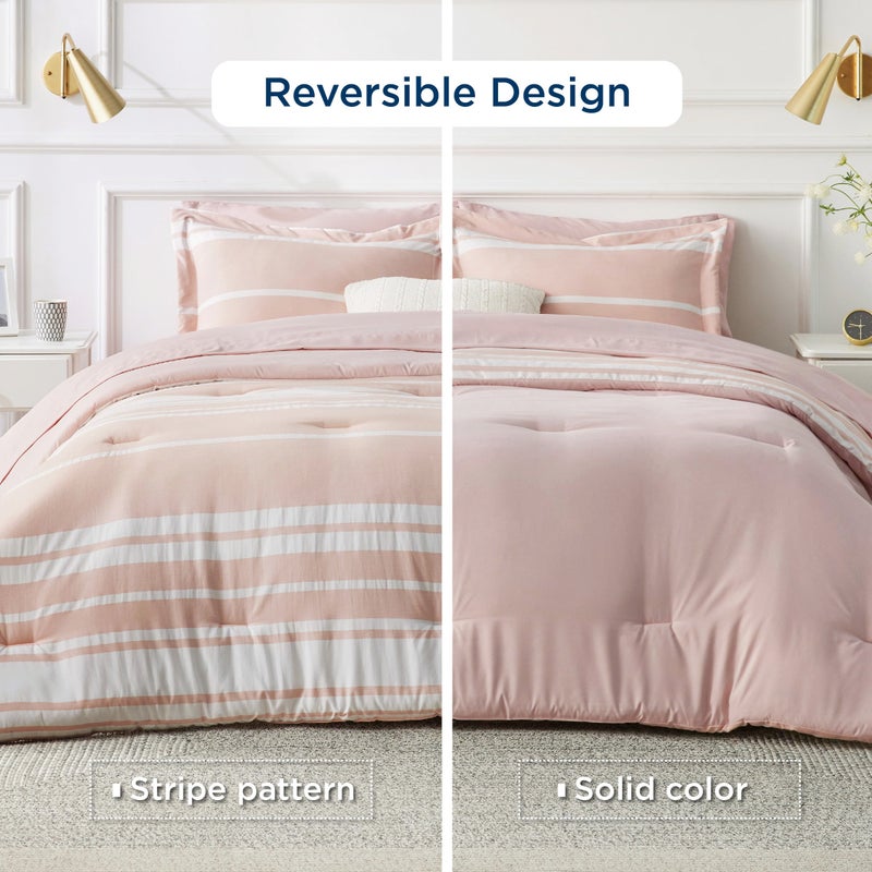 Bedsure Queen Size Comforter Set 7 Pieces Bed in a Bag, Cationic Dyeing, Reversible, Bedding Set for All Seasons with 1 Comforter (230 cm x 230 cm), 1 Fitted Sheet (150 cm x 203 cm) with 35 cm Deep Pocket,  1 Flat Sheet (229 cm x 260 cm) , 2 Pillowcases (50 cm x 90 cm) & 2 Pillow Shams (50 cm x 66 cm), Light Pink Striped - Image 2