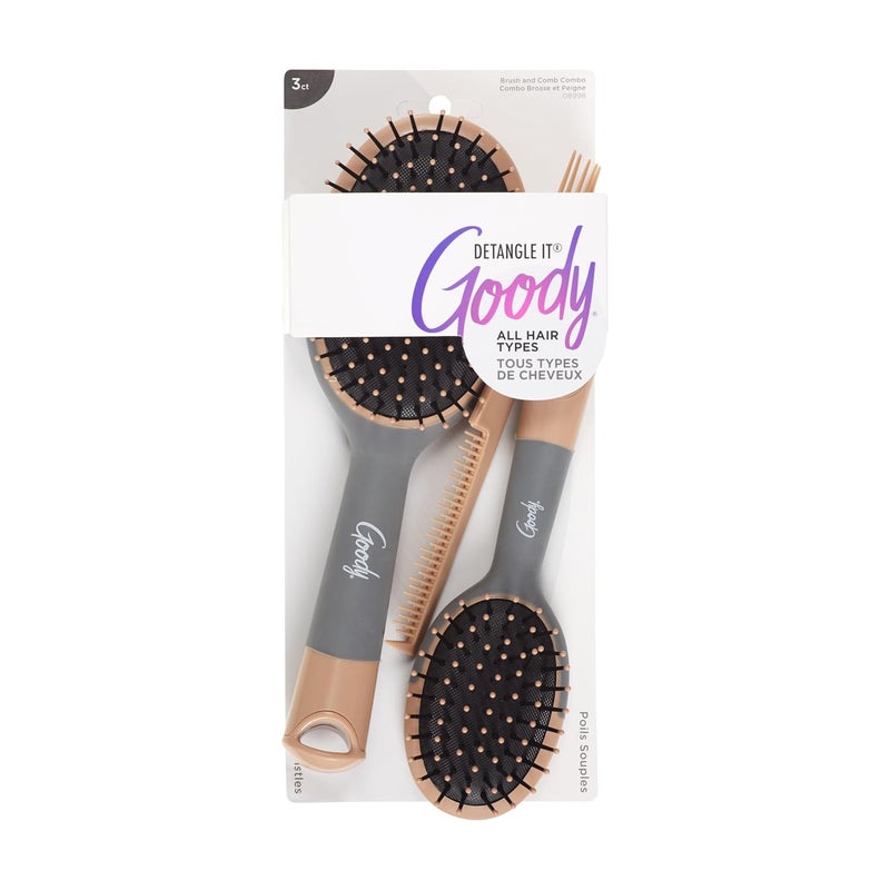 Goody Detangle It Hair Brush Set  Large Oval Paddle Brush  Detangling Comb  Mini Hair Brush Use as Styling Brush Detangler Brush Pick Comb for Tangles OntheGo For Wet or Dry Hair BrownGrey
