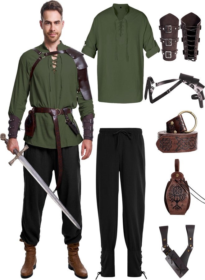 Vanderdyken 8 Pcs Renaissance Costume for Men Medieval Pirate Shirt Pant with Viking Belt Bracer Bag Scabbard and Shoulder Armor (Vivid Color, X-Large) - Image 1