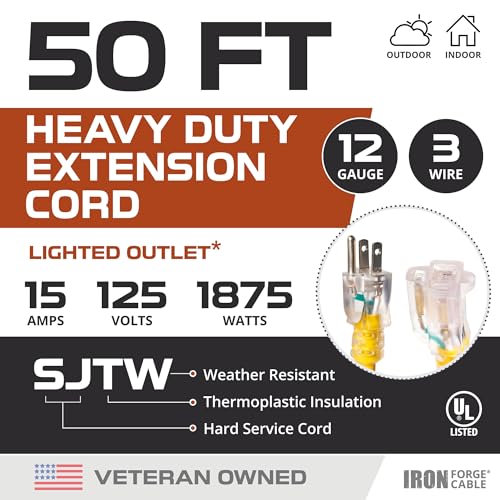 Iron Forge Cable 50 Foot Lighted Outdoor Extension Cord - 12/3 SJTW Heavy Duty Yellow Extension Cable with 3 Prong 15 AMP Grounded Plug for Safety - Image 3