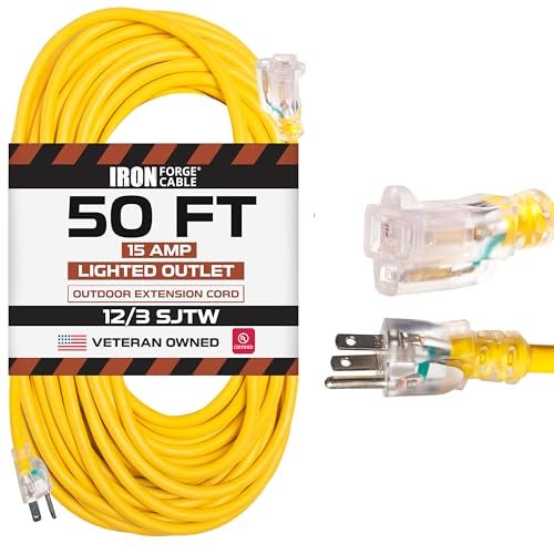 Iron Forge Cable 50 Foot Lighted Outdoor Extension Cord - 12/3 SJTW Heavy Duty Yellow Extension Cable with 3 Prong 15 AMP Grounded Plug for Safety - Image 1