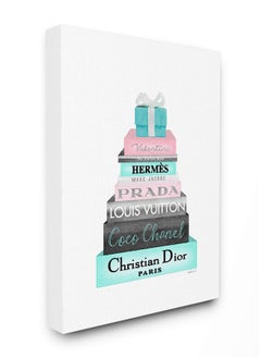 Stupell Industries The Stupell Home Décor Collection High Fashion Bookstack Pink with Blue Box and Bow Stretched Canvas Wall Art, 16 x 20, Multi-Color  - Image 1
