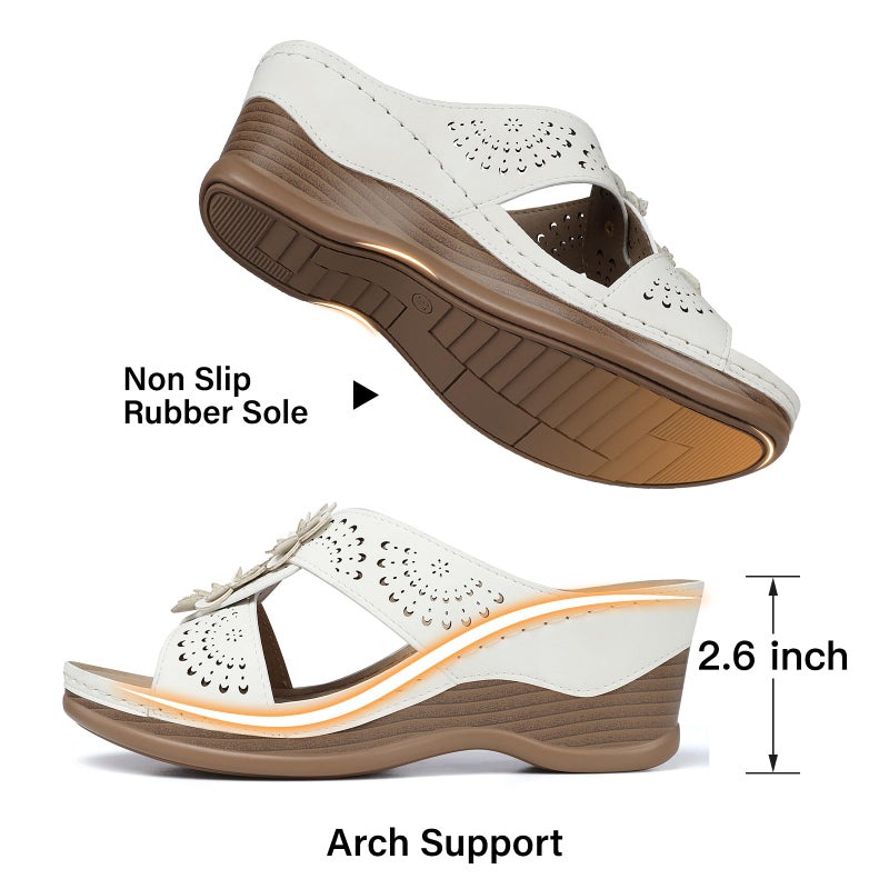 TEMOFON Womens Wedge Sandals Leather: Casual Dressy Women White Summer Platform Wedge Sandals Slip on Low Heels Comfortable Walking Size 8.5 - Image 5
