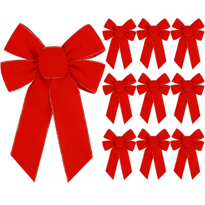 Yuubin 10 Pcs Red Bows Christmas Tree Decorations9x13 Large Velvet Wreath Bow with Glitter Gold Edge for Xmas Home Fence Stairs Railing Fireplace Indoor Outdoor Front Door Decor