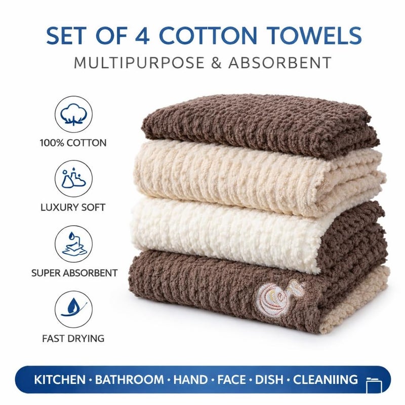Set Of 4 Cotton Towels Premium Elegant Multipurpose Soft Absorbent Kitchen Bathroom Hand Dish 100% Natural Cleaning Cloth Home Hotel Wash Reusable Luxury Fabric Random Color Pack 30x30 CM - Image 2