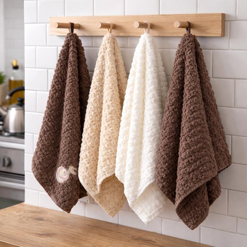 Set Of 4 Cotton Towels Premium Elegant Multipurpose Soft Absorbent Kitchen Bathroom Hand Dish 100% Natural Cleaning Cloth Home Hotel Wash Reusable Luxury Fabric Random Color Pack 30x30 CM - Image 1