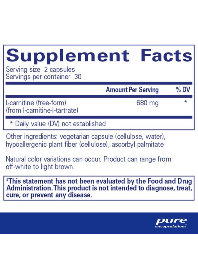Pure Encapsulations L-Carnitine | Hypoallergenic Supplement for Cardiovascular and Endurance Support | 60 Capsules - Image 2