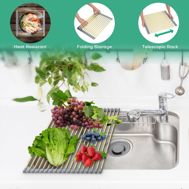 ARAINY Large Expandable Roll Up Dish Drying Rack, Heat-Resistant Dish Drainer for Stainless Steel Sinks, Over The Sink Non-Slip Silicone Rollable Dish Drainer Roll Rack 18 Tube Gray Silicone & Gold Tube - Image 5