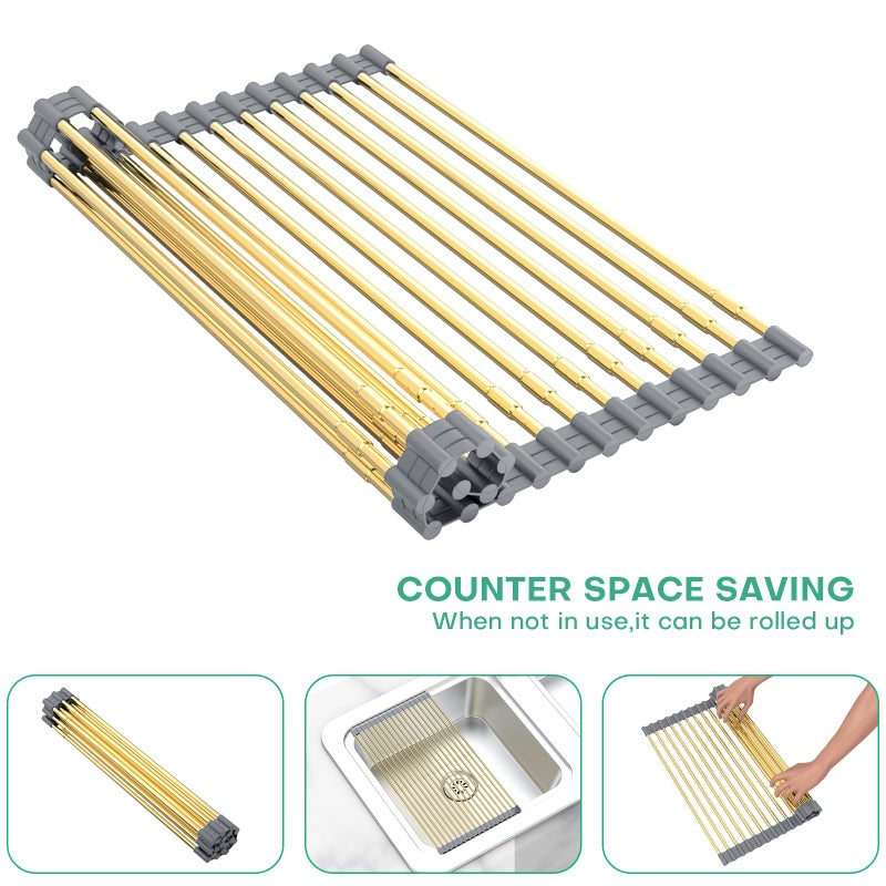 ARAINY Large Expandable Roll Up Dish Drying Rack, Heat-Resistant Dish Drainer for Stainless Steel Sinks, Over The Sink Non-Slip Silicone Rollable Dish Drainer Roll Rack 18 Tube Gray Silicone & Gold Tube - Image 2