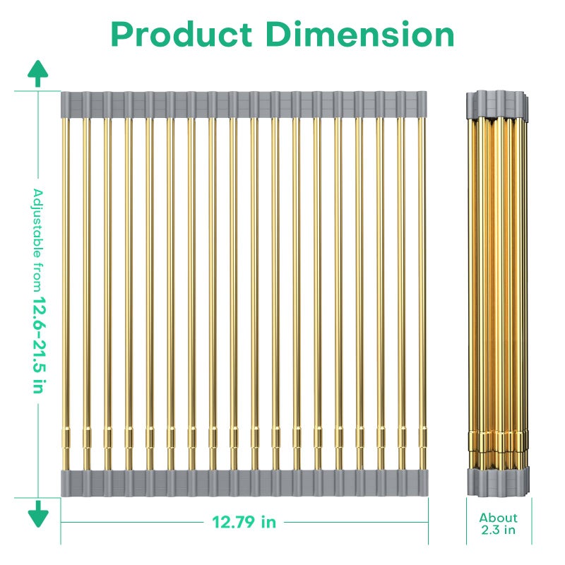 ARAINY Large Expandable Roll Up Dish Drying Rack, Heat-Resistant Dish Drainer for Stainless Steel Sinks, Over The Sink Non-Slip Silicone Rollable Dish Drainer Roll Rack 18 Tube Gray Silicone & Gold Tube - Image 3