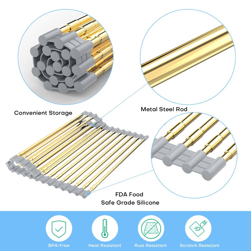 ARAINY Large Expandable Roll Up Dish Drying Rack, Heat-Resistant Dish Drainer for Stainless Steel Sinks, Over The Sink Non-Slip Silicone Rollable Dish Drainer Roll Rack 18 Tube Gray Silicone & Gold Tube - Image 4
