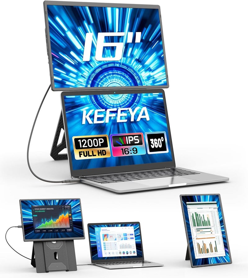 KEFEYA Portable Monitor, 16" FHD 1200P Laptop Screen Extender, 360° Rotation, Magnetic Mount Display, Travel Monitor For All Laptops, Plug and Play for Windows/Mac/Chrome/Xbox/PC - Image 1