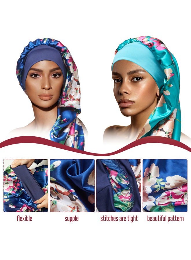 Tailpa 4PCS Long Satin Bonnet Sleep Cap,Black Extra Large Silk Bonnet for Natural Hair, Bonnets for Women Night Sleep,Wide Elastic Band, Very Soft & Comfortable (Black,3 Floral Patterns) - Image 3