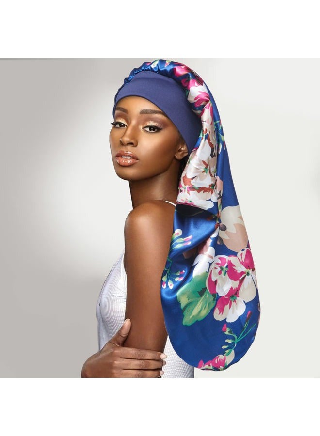Tailpa 4PCS Long Satin Bonnet Sleep Cap,Black Extra Large Silk Bonnet for Natural Hair, Bonnets for Women Night Sleep,Wide Elastic Band, Very Soft & Comfortable (Black,3 Floral Patterns) - Image 5