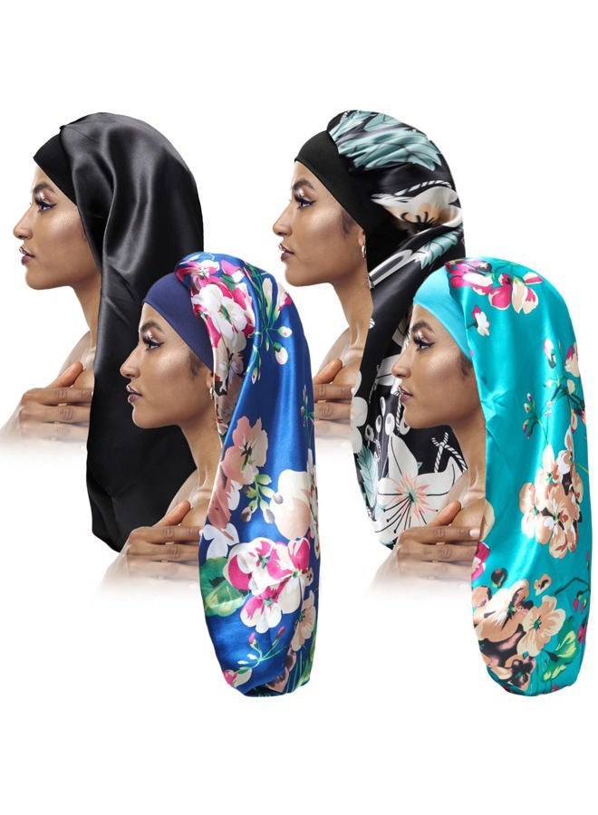 Tailpa 4PCS Long Satin Bonnet Sleep Cap,Black Extra Large Silk Bonnet for Natural Hair, Bonnets for Women Night Sleep,Wide Elastic Band, Very Soft & Comfortable (Black,3 Floral Patterns) - Image 1