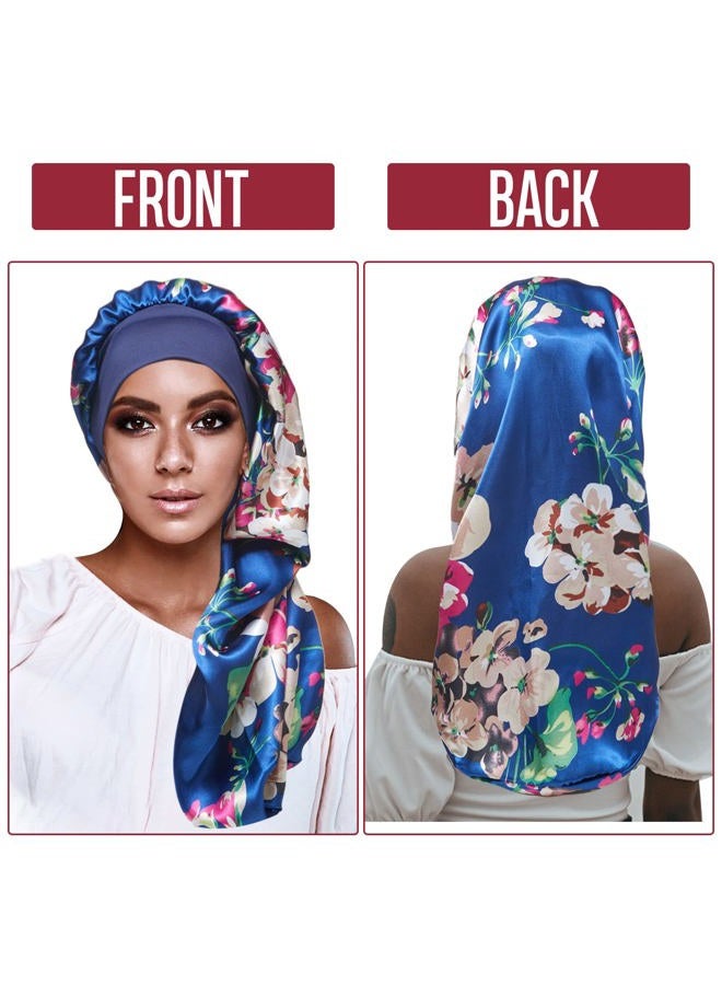 Tailpa 4PCS Long Satin Bonnet Sleep Cap,Black Extra Large Silk Bonnet for Natural Hair, Bonnets for Women Night Sleep,Wide Elastic Band, Very Soft & Comfortable (Black,3 Floral Patterns) - Image 4