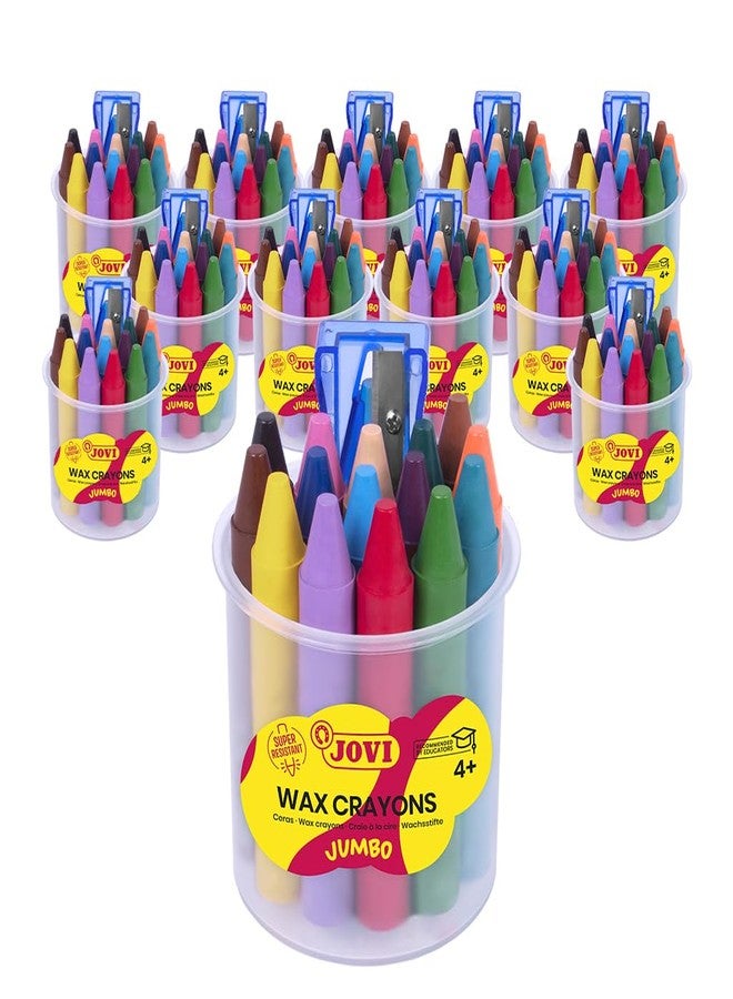 Jovi - Jumbo Wax Crayons, 12 Plastic Container with 16 Crayons + 1 Sharpener each, Round Shape, Total of 192 ct, Back to School Supplies for Teachers, Bulk Buy - Image 1