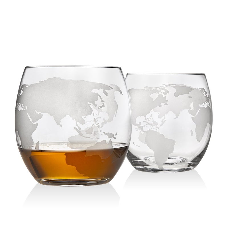 Godinger Old Fashioned Whiskey Glasses Etched Globe Map  Set of 2