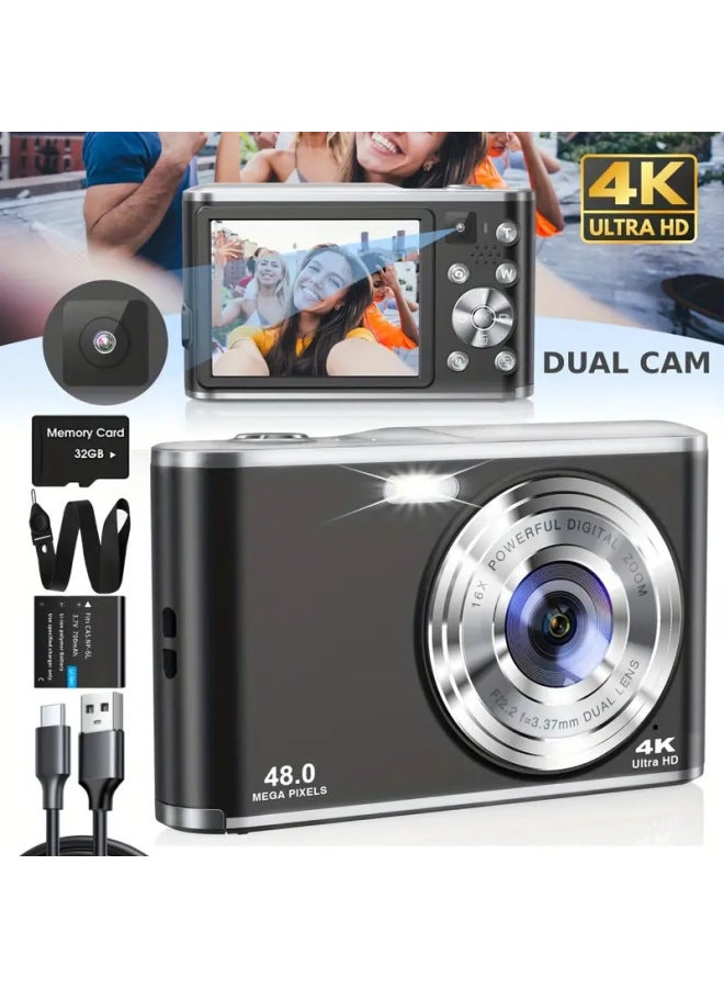 Generic Dual-lens Digital HD Camera Front And Rear Dual-camera Auto-focus Student Entry-level Card Player-Body Color:Black  - Image 1