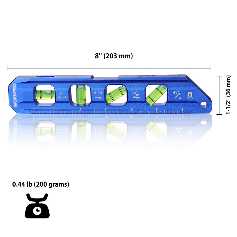 WORKPRO 8-Inch Magnetic Torpedo Level, Aluminum Alloy Construction, 4 Bubble Vials for 0Â°/90Â°/45Â°/30Â° Measurements, Cobalt Blue - Image 3