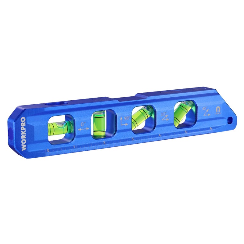 WORKPRO 8-Inch Magnetic Torpedo Level, Aluminum Alloy Construction, 4 Bubble Vials for 0Â°/90Â°/45Â°/30Â° Measurements, Cobalt Blue - Image 1