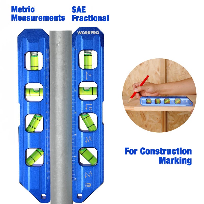 WORKPRO 8-Inch Magnetic Torpedo Level, Aluminum Alloy Construction, 4 Bubble Vials for 0Â°/90Â°/45Â°/30Â° Measurements, Cobalt Blue - Image 5