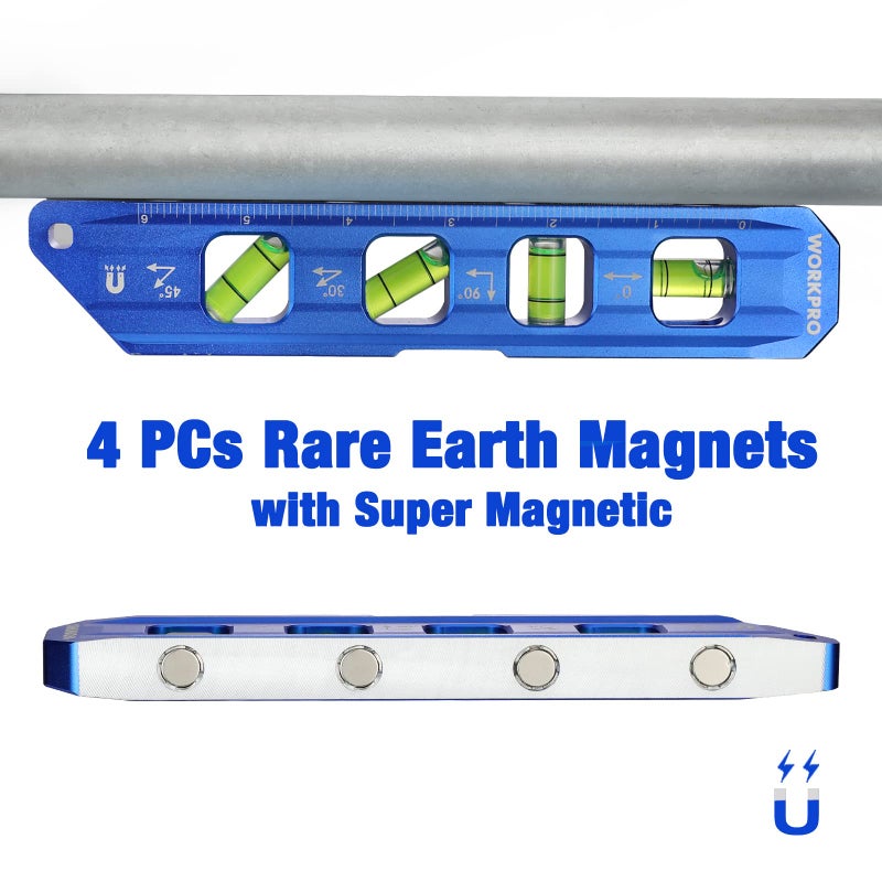 WORKPRO 8-Inch Magnetic Torpedo Level, Aluminum Alloy Construction, 4 Bubble Vials for 0Â°/90Â°/45Â°/30Â° Measurements, Cobalt Blue - Image 4