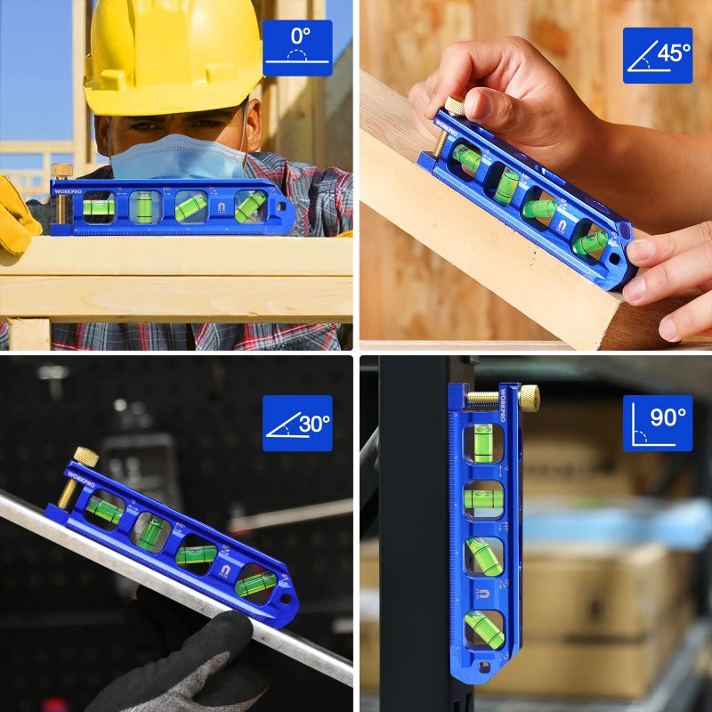 WORKPRO 8-Inch Magnetic Torpedo Level, Aluminum Alloy Construction, 4 Bubble Vials for 0Â°/90Â°/45Â°/30Â° Measurements, Cobalt Blue - Image 2