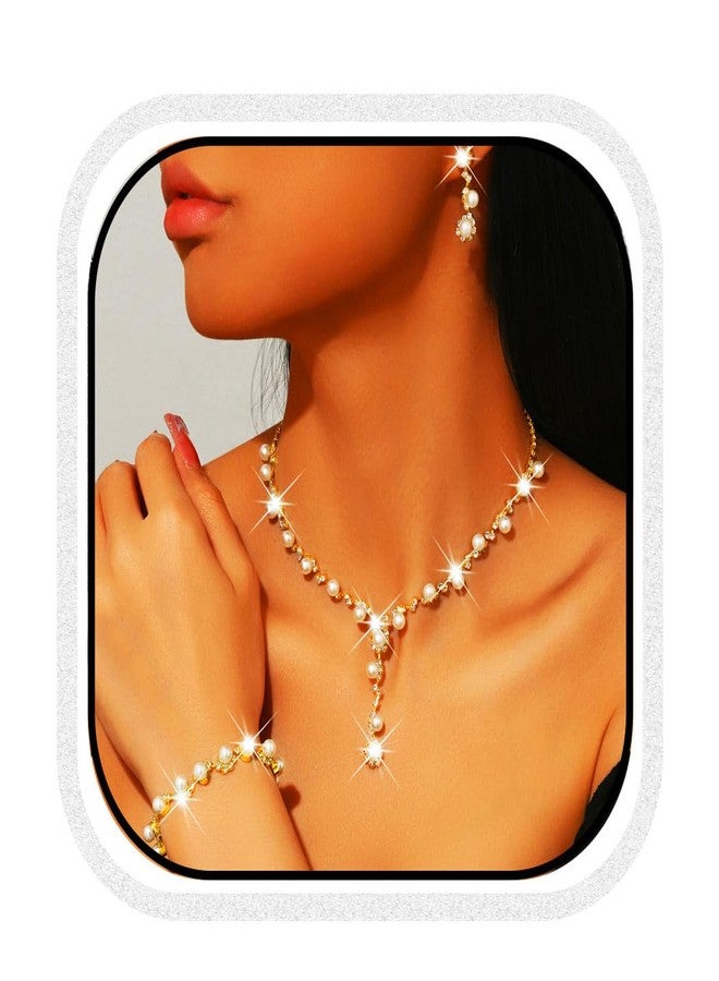جورايس طقم مجوهرات زفاف من اللؤلؤ من GORAIS، يتضمن قلادة وأقراط ذهبية، وهو عبارة عن مجوهرات أزياء للنساء والعروس. - Image 1