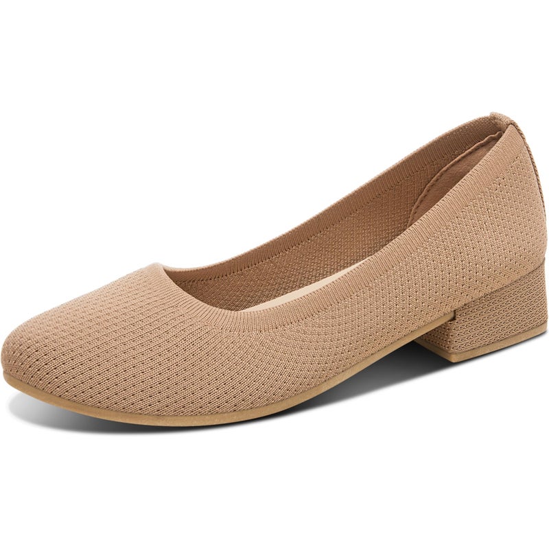Davena Women Low Chunky Block Heel Pumps Elegant Round-Toe Knitted Pumps Stylish Slip-On Heels for Business(Brown,US7) - Image 1