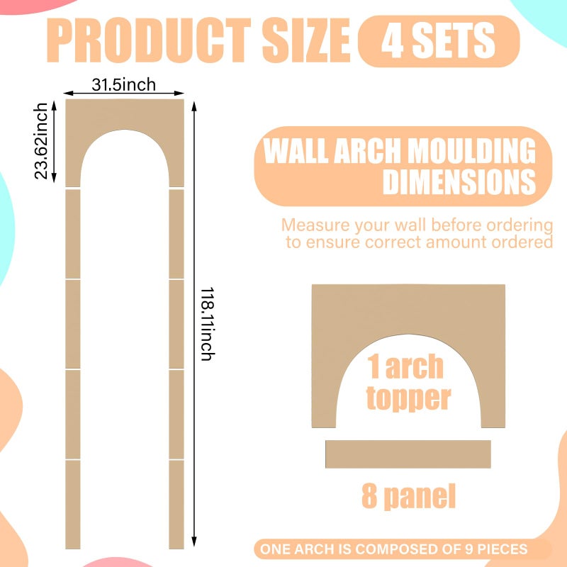Nuanchu 4 Set Arch MDF Wall Molding Kit 118 x 31.5 Inch Pre-Cut Arch Wainscoting Panel Board and Batten Wall Panel Decor Paintable Accent Kit for DIY Home Bedroom Living Room Decor - Image 2
