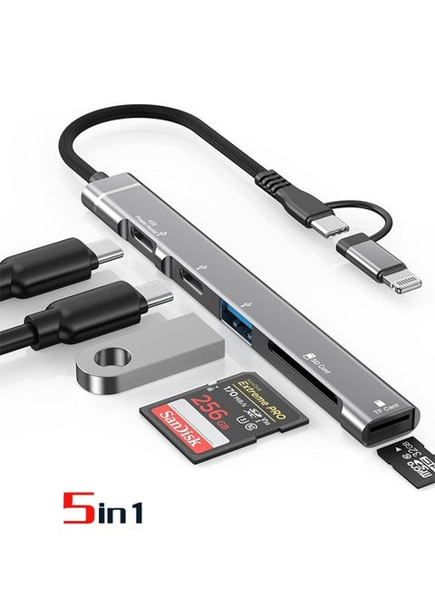 5 in 1 SD Card Reader Adapter, [MFi Certified] USB C & Lightning to Micro SD/SD Card Reader & USB OTG Adapter with USB C Fast Charging Port Compatible with iPhone 15/14/13/12/11/XS/XR/X/8/iPad